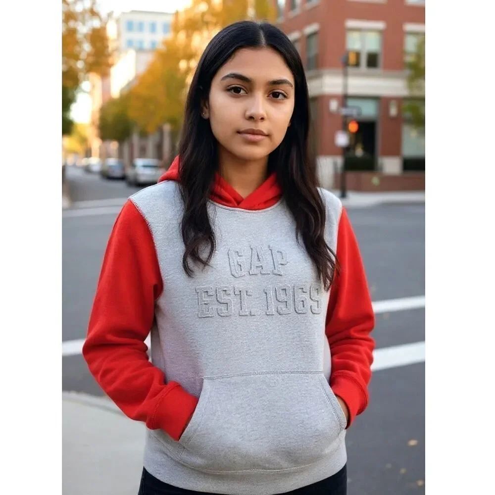 Gap Kids Girls Gray & Red Pullover Hoodie w/Raised Logo - Size XL (12)